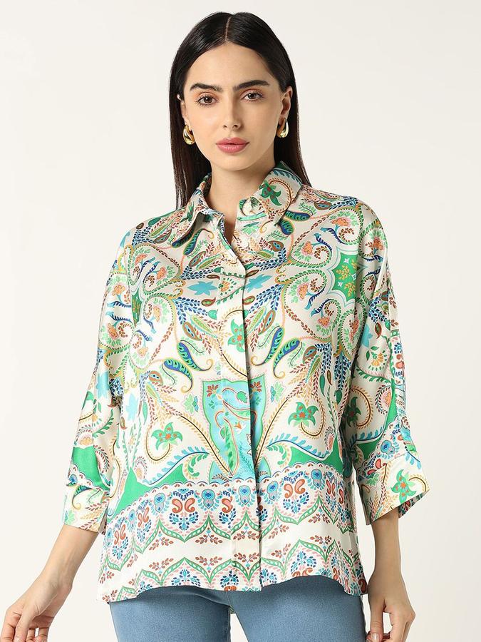 R&B Women Ivory Abstract Print Long Sleeves Shirt 