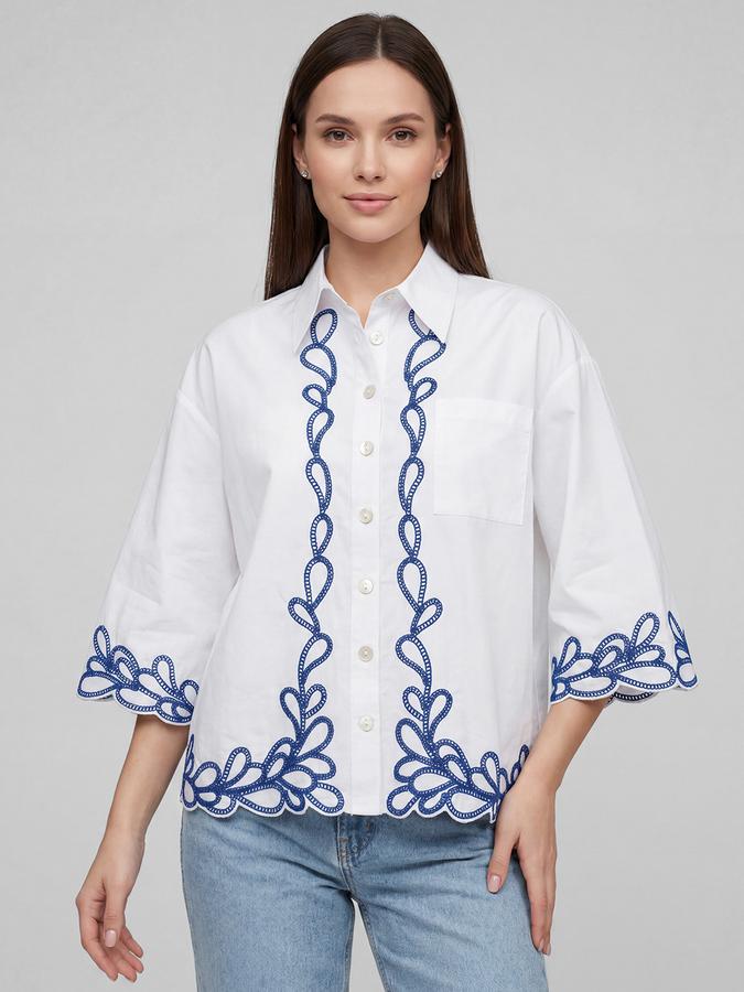 R&B White Ethnic Motifs Print Shirt Collar Flared Three-Quarter Sleeves Women Top