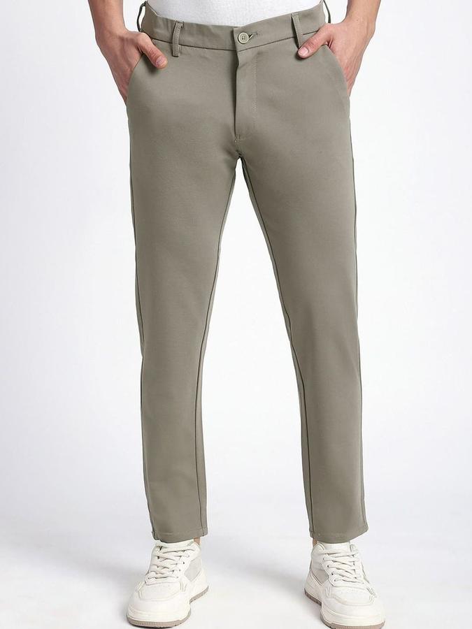 R&B Men Olive Solid Regular Fit Trousers