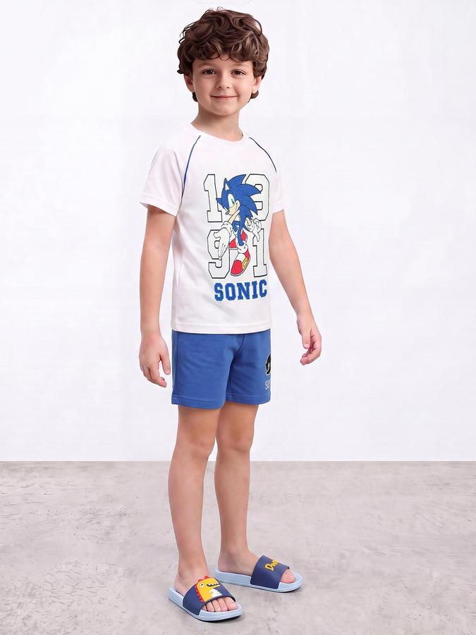 R&B Boys White & Blue Pure Cotton Sonic Print T-Shirt & Shorts Night Suit