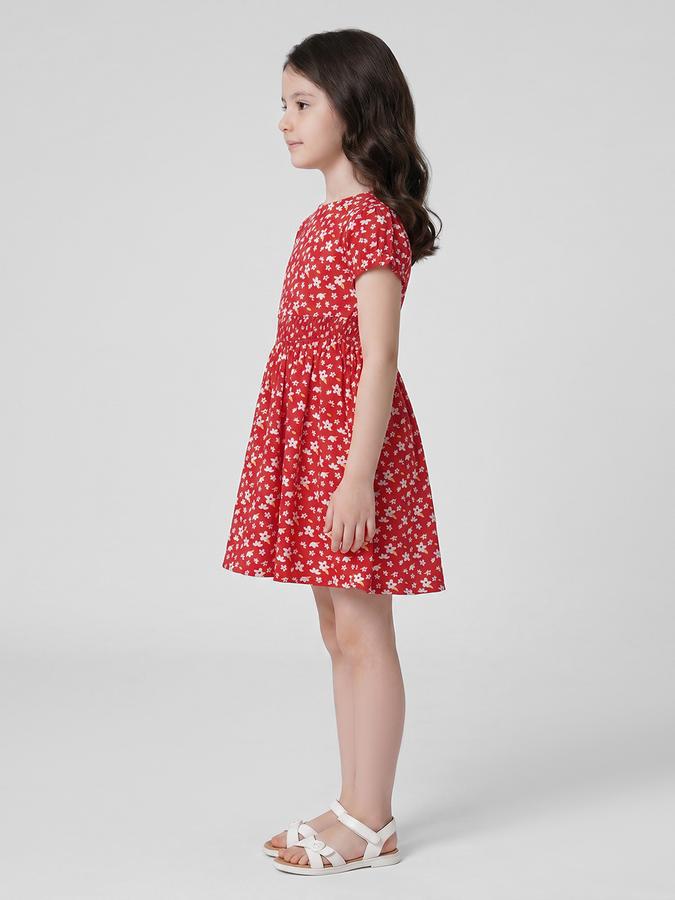 R&B Red Floral Print Round Neck Short Sleeves Fit and Flare Mini Girls Dress