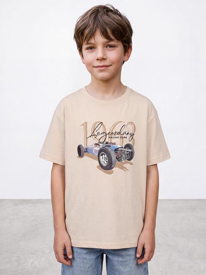 R&B Boys Beige Short Sleeve Round Neck Race Car Graphic Print T-Shirt
