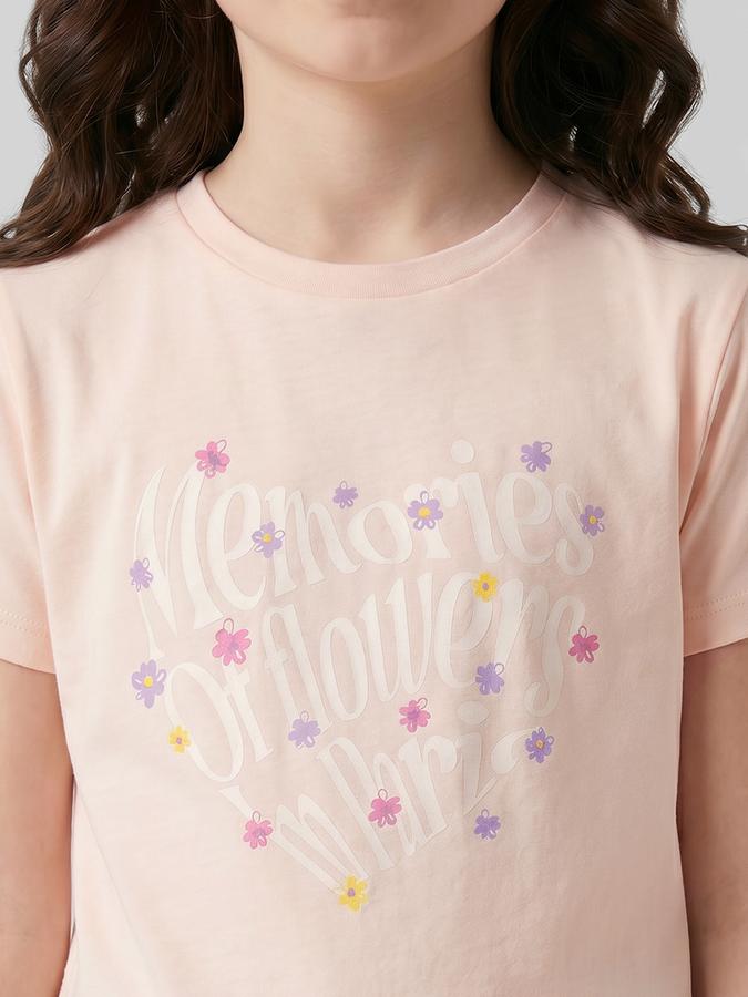 R&B Peach Graphic Print Girls Round Neck Regular Fit Short Sleeves T-Shirt 