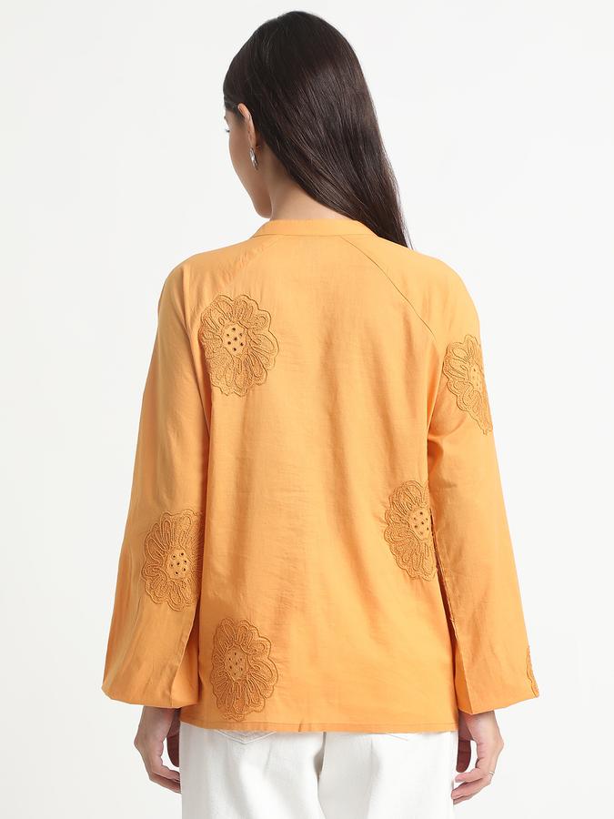 Women Cotton Relaxed Fit Tie Neck Embroidered Top