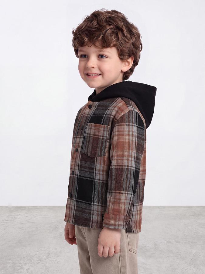 R&B Boys Multi Checked Hooded Fur Collar Long Sleeves Shirt