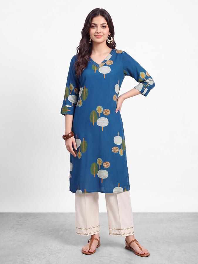 R&B Womens Teal Blue Three-Quarter Sleeves V Neck Floral Printed Straight Kurta