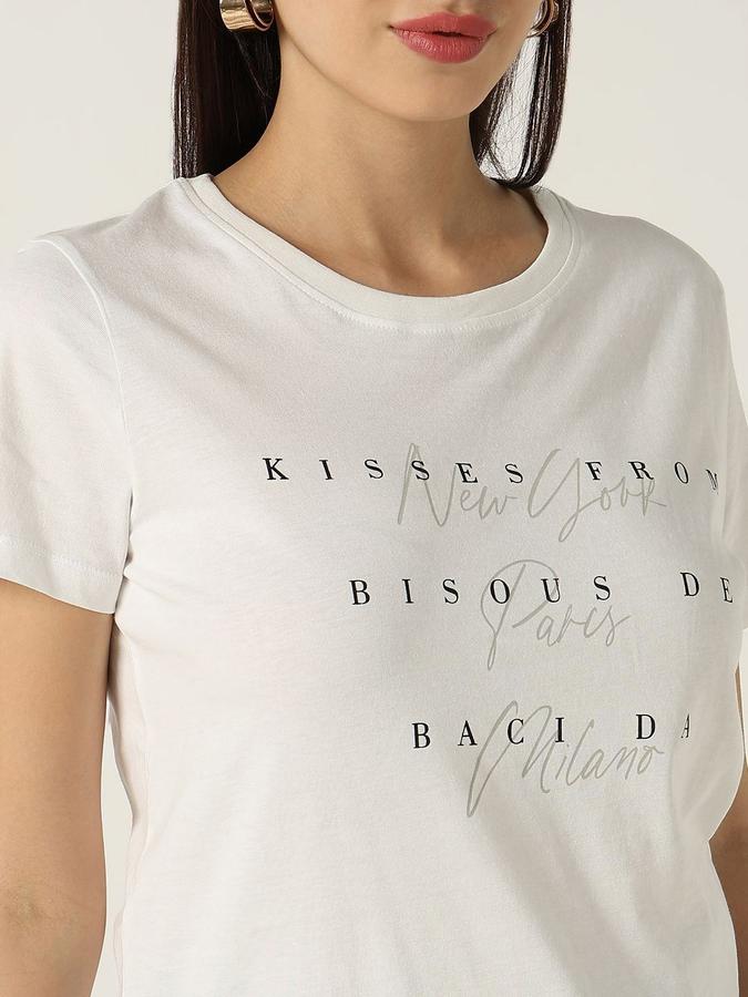 R&B Womens White Typography Printed  Round Neck Short Sleeves T-shirt