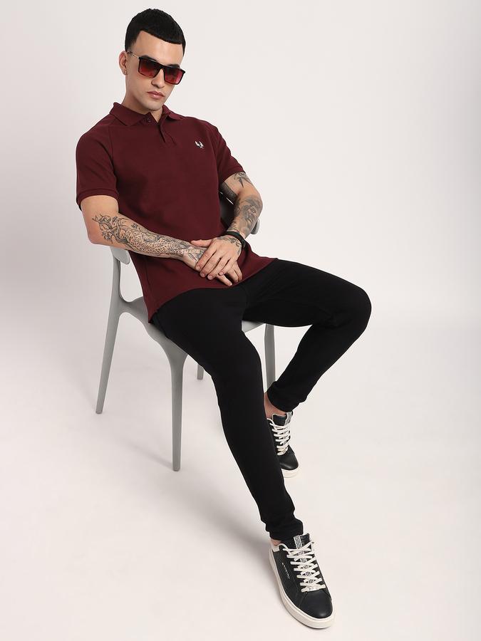 Men Cotton Slim Fit Polo Neck Textured T-shirt
