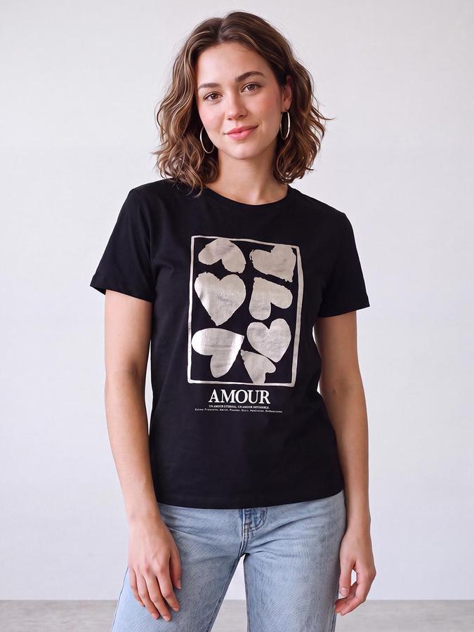 R&B Women Black Metallic Sliver Heart Graphic Print Pure Cotton Round Neck T-Shirt