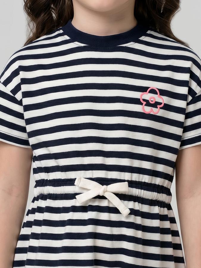 R&B Navy Blue Striped Round Neck Short Sleeves Fit and Flare Mini Girls Dress
