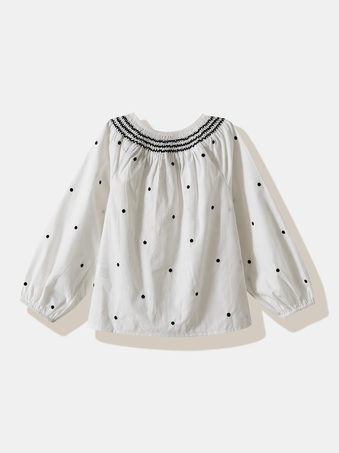 Girls Cotton Relaxed Fit Crew Neck Long Bishop Sleeve Embroidered Top