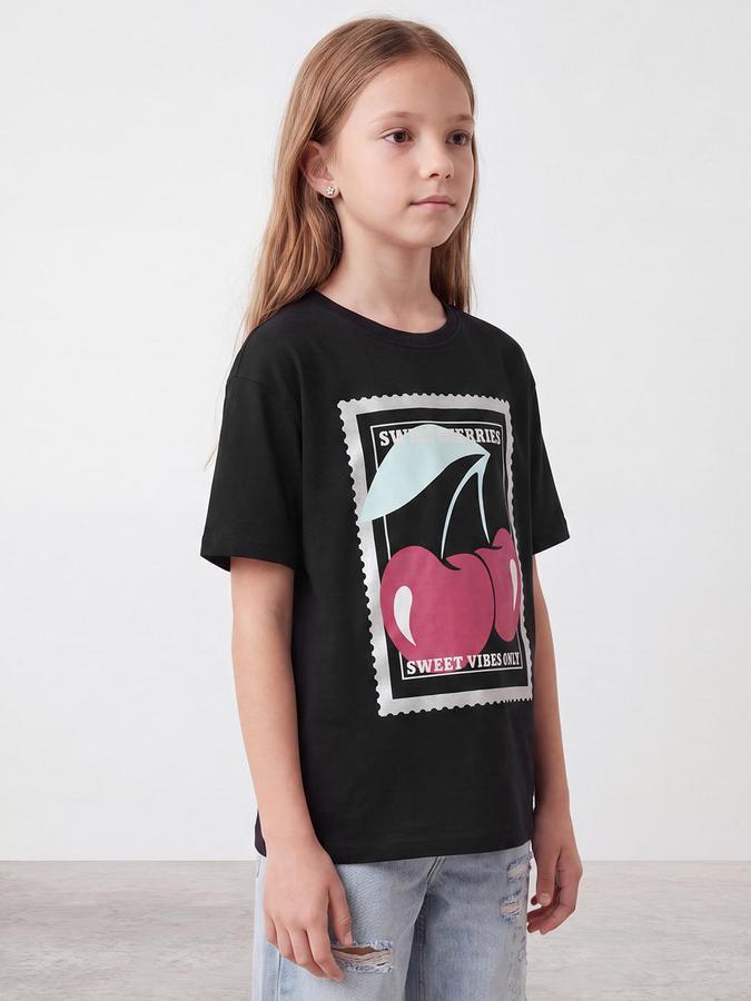 R&B Girls Jet Black Strawberry Print Short Sleeves Round Neck Pure Cotton T-Shirt