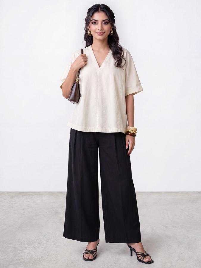 R&B Women Black Solid Pleated Palazzo
