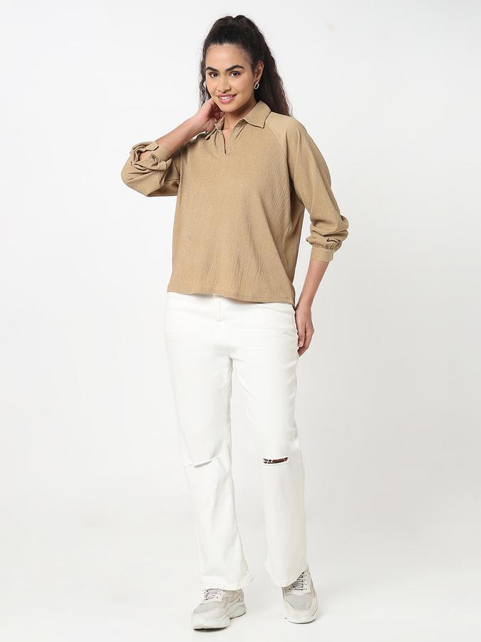 Women Polyester Relaxed Fit Shirt Collar Textured Top