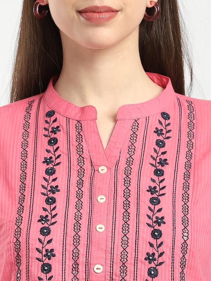 Women Cotton Regular Fit Mandarin Collar Embroidered Top
