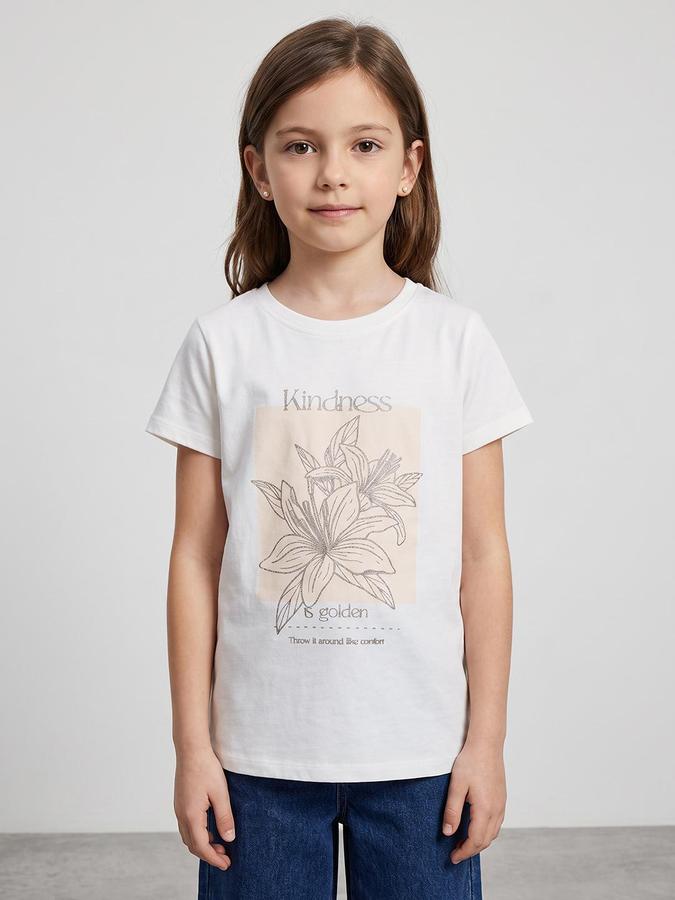 R&B Girls White Graphic Print Short Sleeves Round Neck Pure Cotton T-Shirt