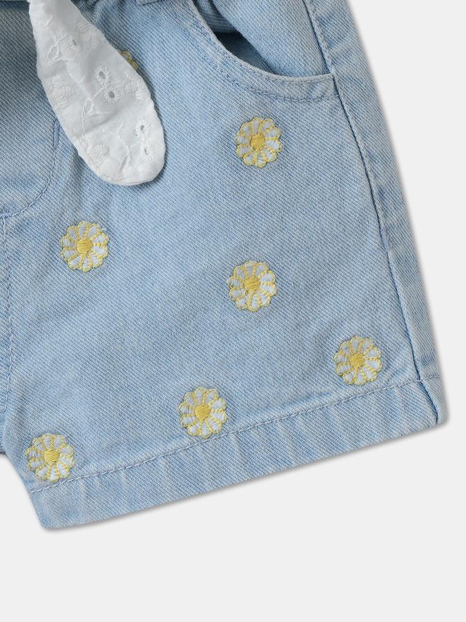 Girls Cotton Embroidered High-Waist Clean Hem Shorts