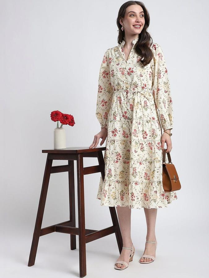 R&B Women Ivory Floral Long Sleeves Mandarin Collar Midi Fit &amp; Flare Dress