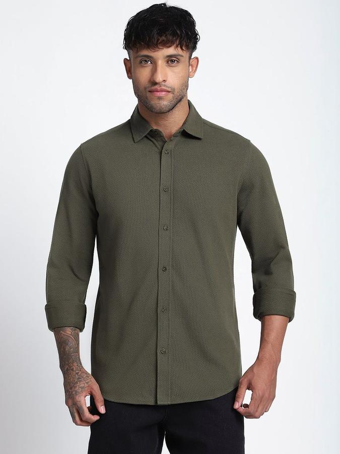 R&B Men Olive Solid Long Sleeves Shirt 