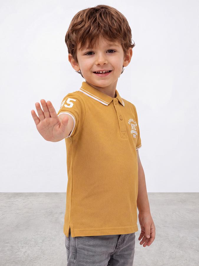 R&B Boys Mustard Collegiate Badge Printed Polo Collar Short Sleeves Pure Cotton T-shirt