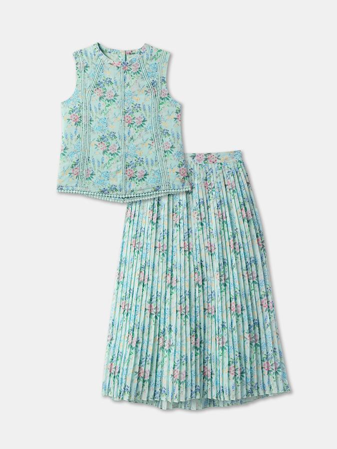 Girls Floral Print Round-Neck Top & Skirt Set