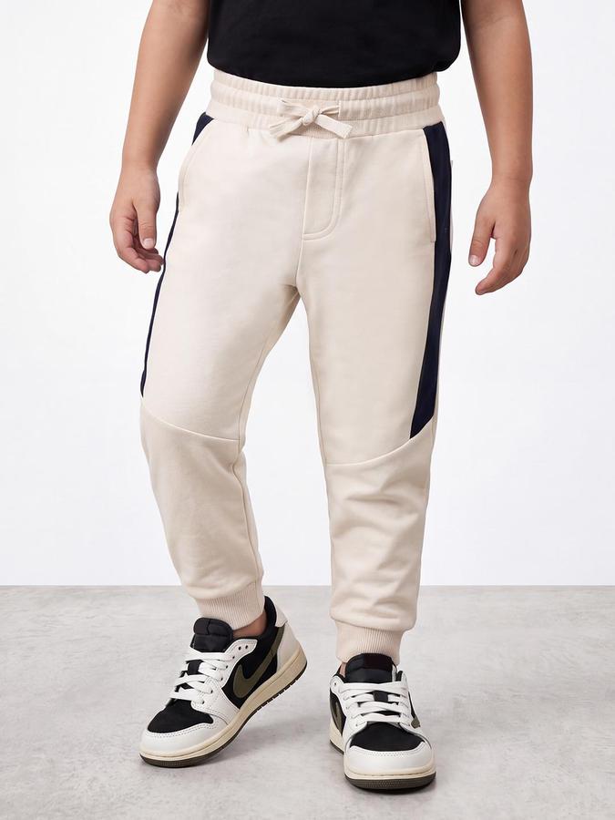 R&B Boys Beige Colourblocked Pure Cotton Track Pants