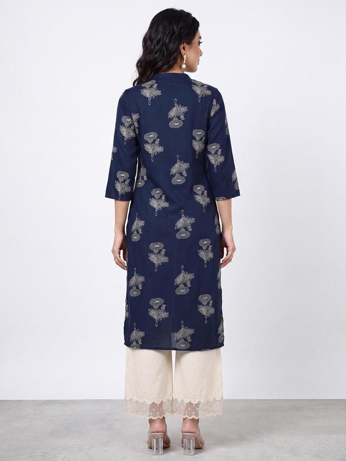 R&B Women Navy Blue Floral Print Mandarin Collar Three-Quarter Sleeves Straight Kurta
