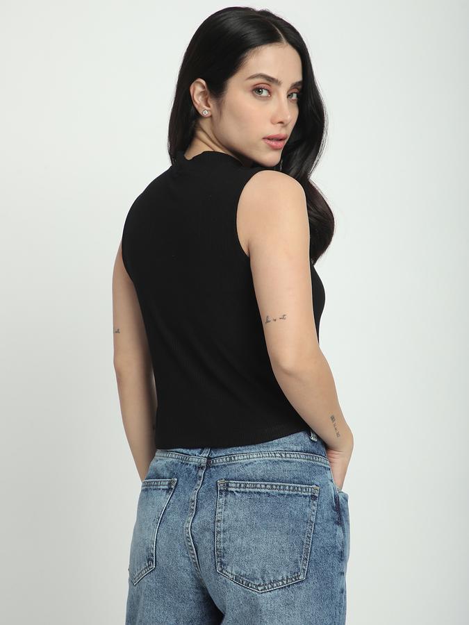 R&B Women Black Solid Sleeveless High-Neck Top