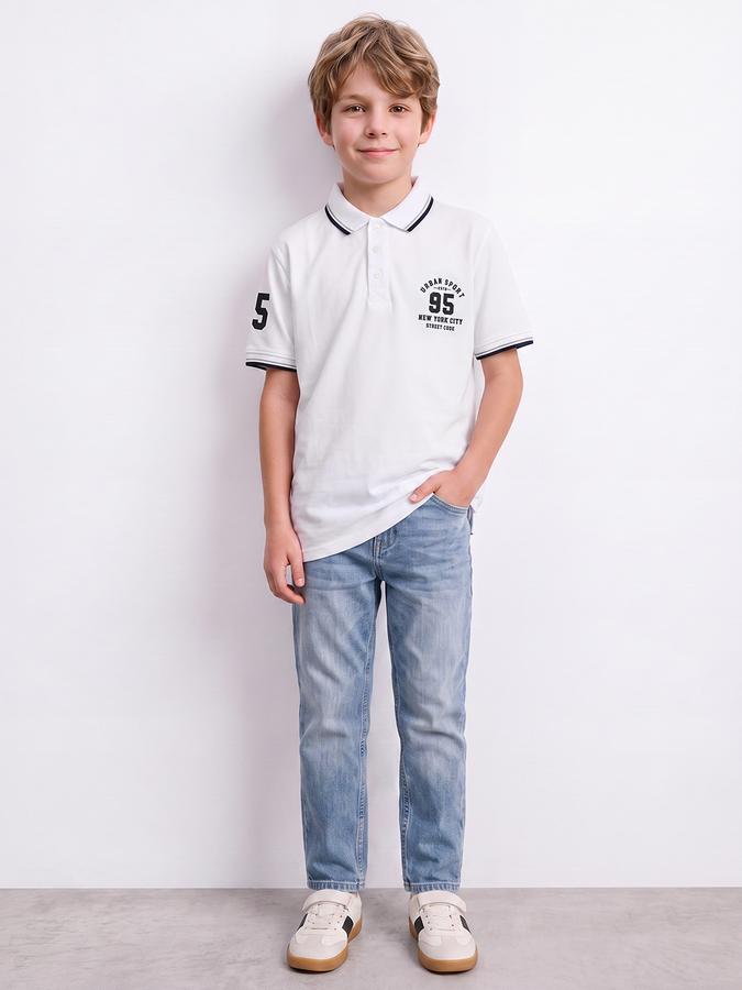 R&B Boys White Collegiate Badge Printed Polo Collar Short Sleeves Pure Cotton T-shirt