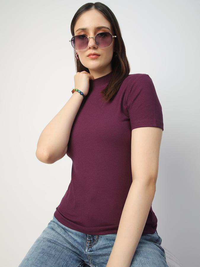 Women Viscose Fitted High Neck Ribbed T-shirt