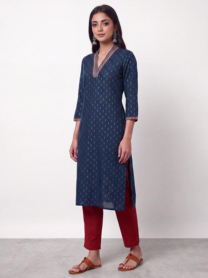 R&B Women Navy Blue Embroidered V-Neck Three-Quarter Sleeve Ikat Kurta