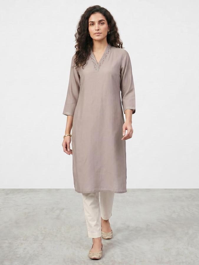 R&B Women Beige Embroidered V-Neck Three-Quarter Sleeves Calf Length Straight Kurta 