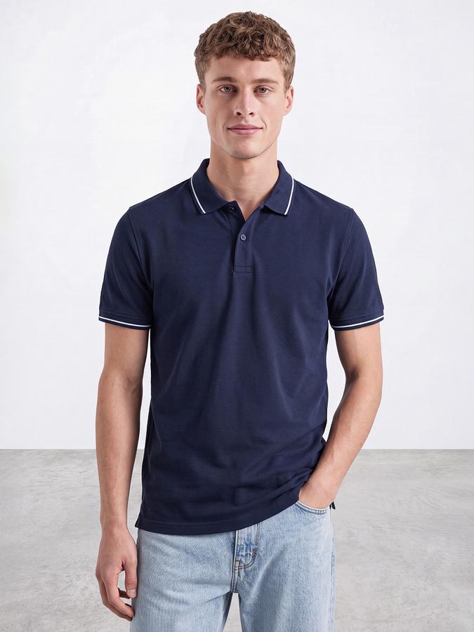 R&B Men Blue Solid Short Sleeves Tipping Polo Collar Tshirt