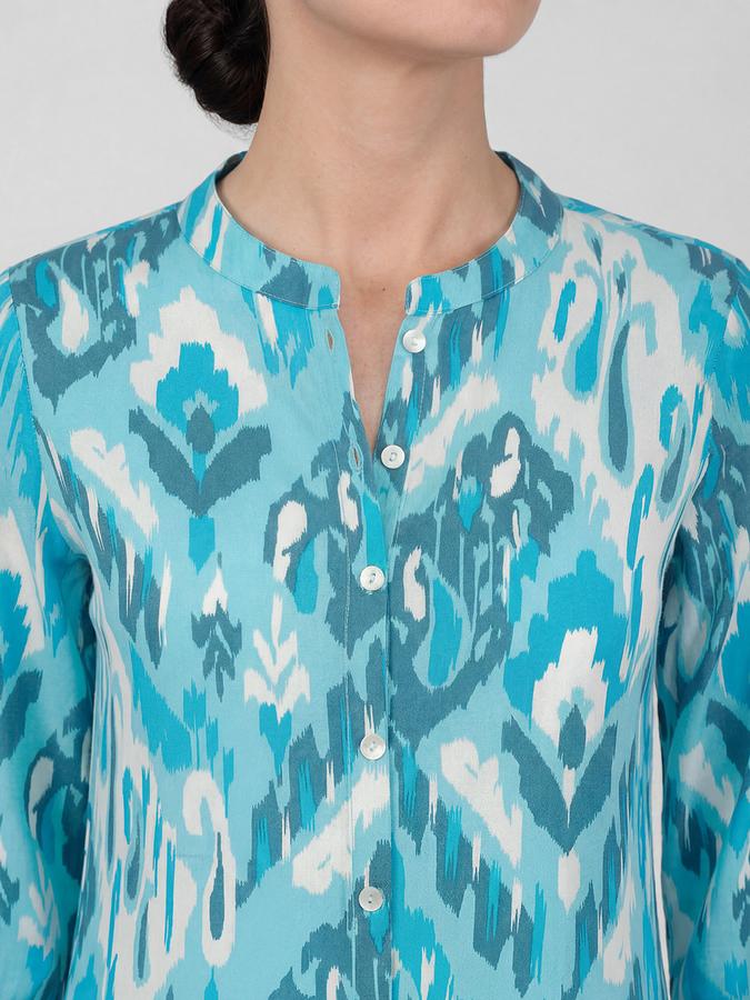 R&B Blue Printed Women Three-Quarter Sleeves Mandarin Collar Kurta