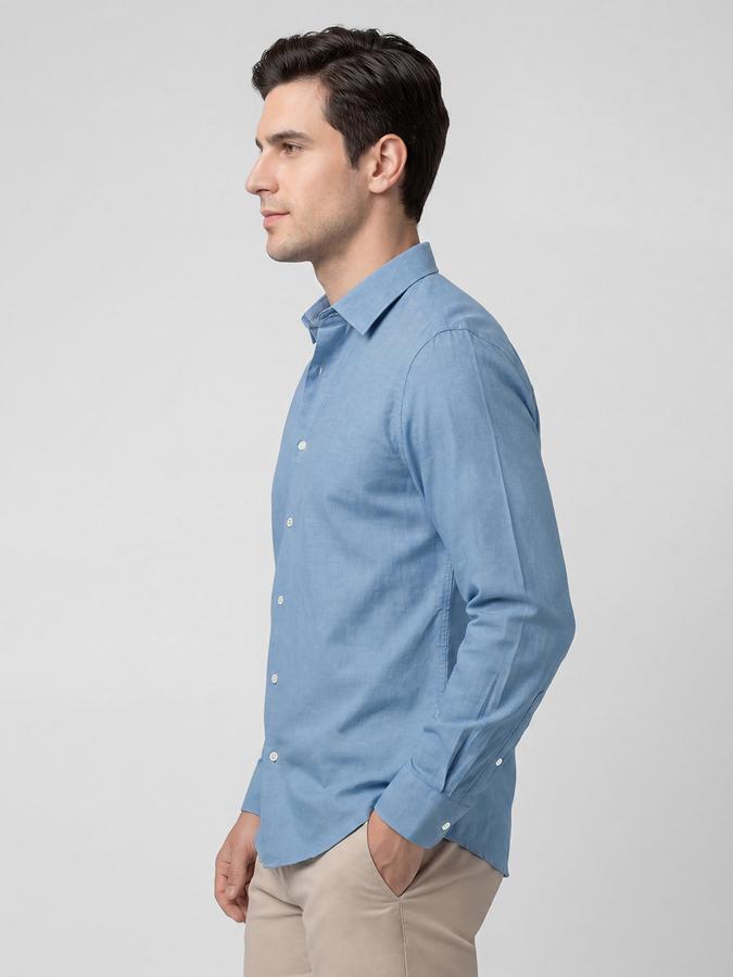 R&B Light Blue Solid Men Spread Collar Long Sleeves Shirt