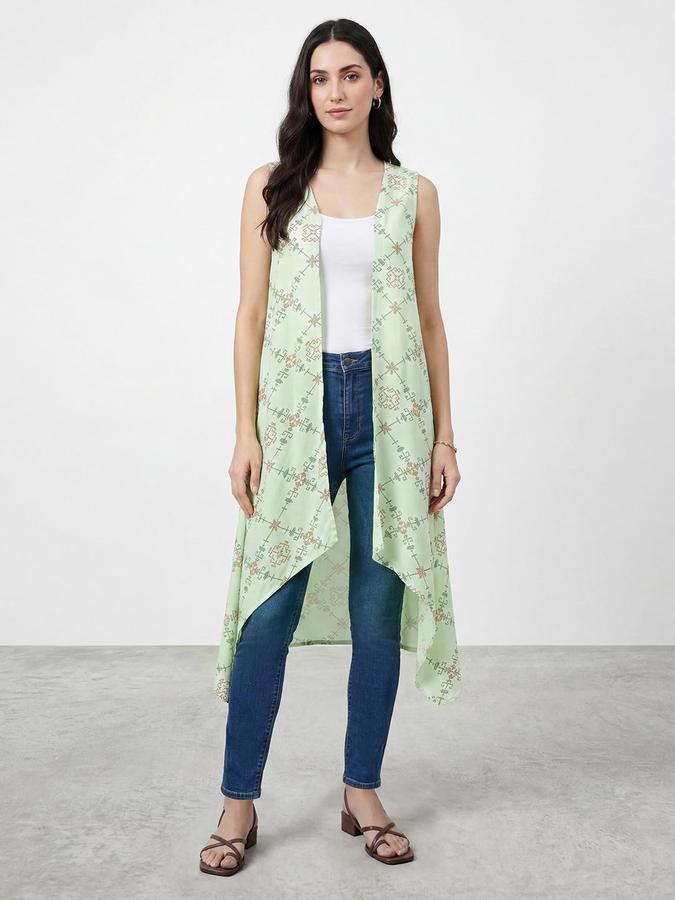 R&B Womens Green Printed Round Neck Sleeveless Tops 