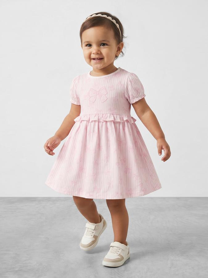 R&B Girl Pink Bow Print Pure Cotton Puff Sleeves Fit and Flare Dress