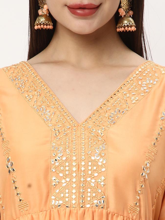 Women Polyester Blend Regular Fit V Neck Embellished Kurta