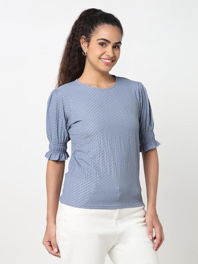 Women Polyester Relaxed Fit Round Neck Ruffled Top