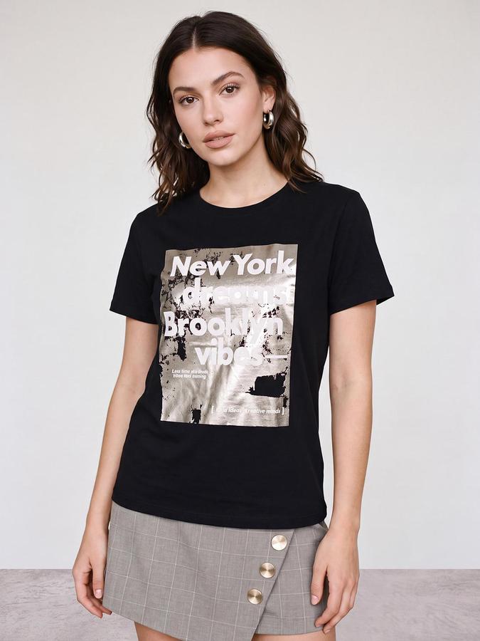 R&B Women Black Graphic Print Pure Cotton Round Neck Short Sleeves T-Shirt