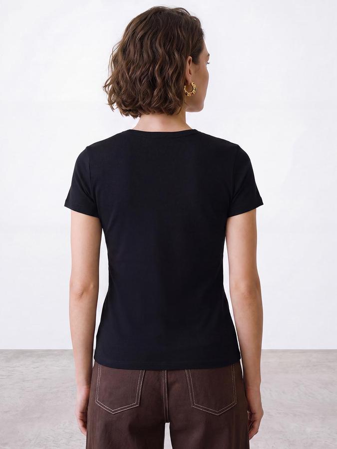 R&B Women Black Short Sleeve Round Neck Typography Graphic Print T-Shirt