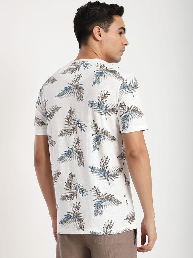 R&B Mens Ivory Floral Print Round Neck Short Sleeves T-shirt