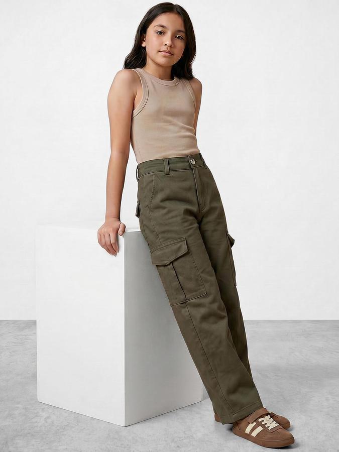 R&B Girl's Olive Regular Fit Cargos Trousers