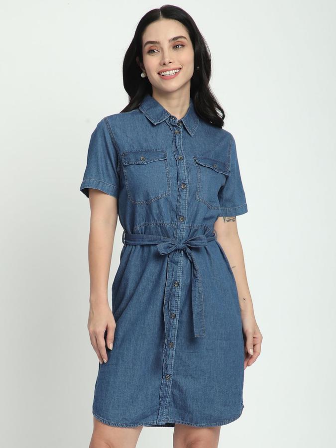R&B Women Blue Solid Half Sleeves Shirt Collar Above Knee Fit &amp; Flare Dress