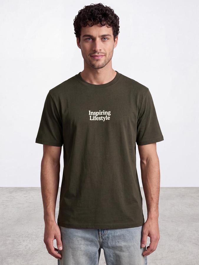 R&B Men Olive Short Sleeve Round Neck Typography Print T-Shirt