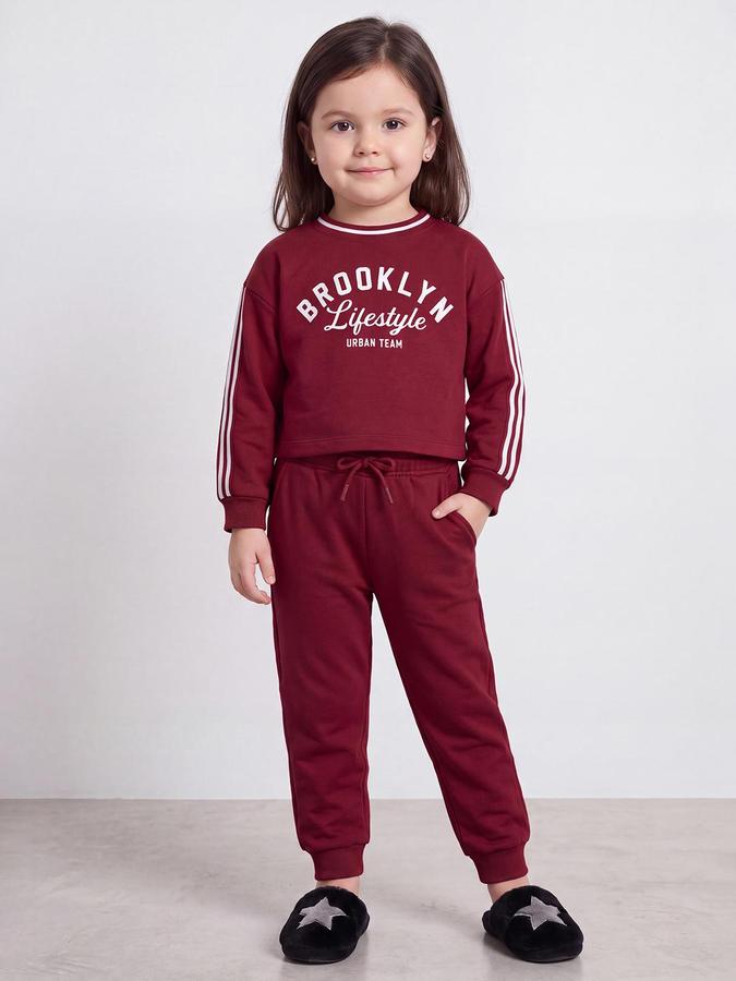 R&B Girls Red Typography Long Sleeve Sweatshirt and Jogger Set