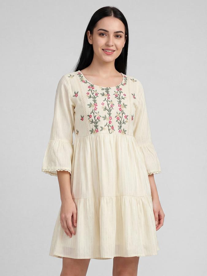R&B White Embroidered Round Neck Three-Quarter Sleeves Fit and Flare Mini Women Dress