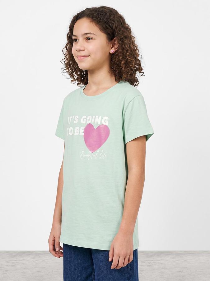 R&B Girls Green Graphic Print Short Sleeves Round Neck Pure Cotton T-Shirt