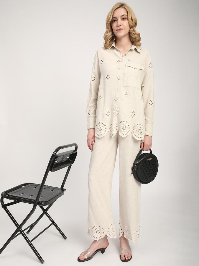 R&B Women Beige Textured Eyelet Wide-Leg Trousers