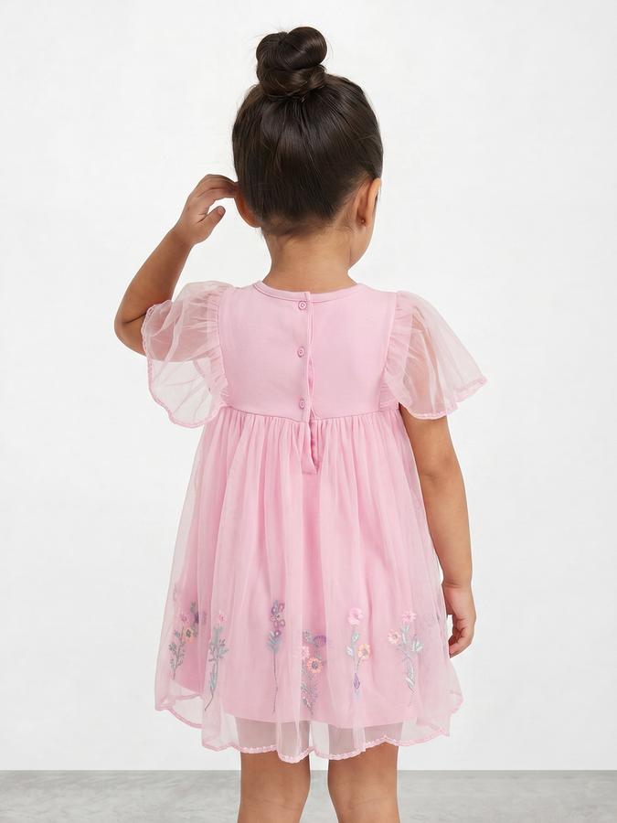 R&B Girl Pink Embroidery Floral Flutter Sleeves A-Line Dress